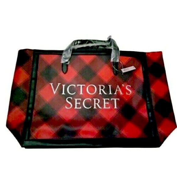 RL - Victoria's Secret Red Black Plaid Holiday Weekender Tote - Picture 3 of 12